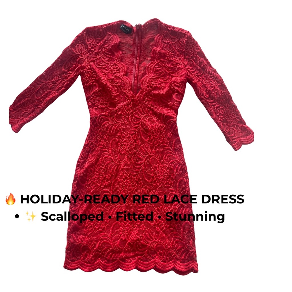 🔥 Bebe Red Lace Dress XS | Scalloped V-Neck, 3/4 Sleeve, Bodycon Party Look